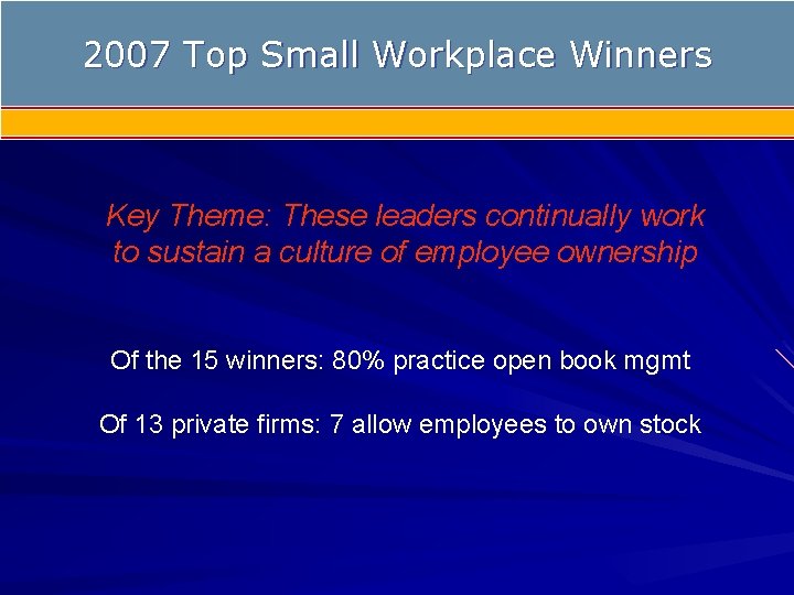 2007 Top Small Workplace Winners Key Theme: These leaders continually work to sustain a