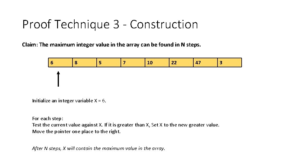 Proof Technique 3 - Construction Claim: The maximum integer value in the array can