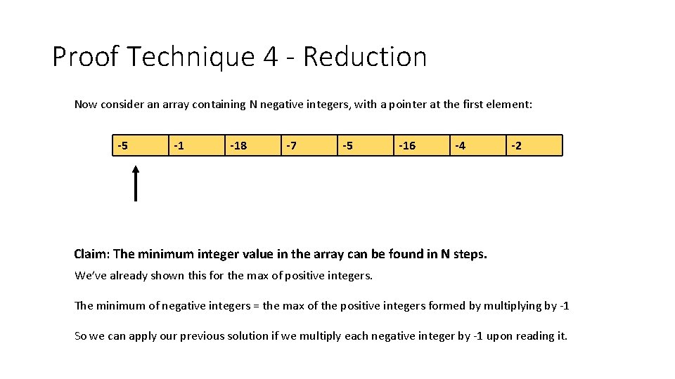 Proof Technique 4 - Reduction Now consider an array containing N negative integers, with