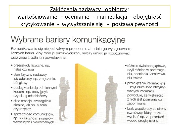 Zakłócenia nadawcy i odbiorcy: wartościowanie - ocenianie – manipulacja - obojętność krytykowanie - wywyższanie