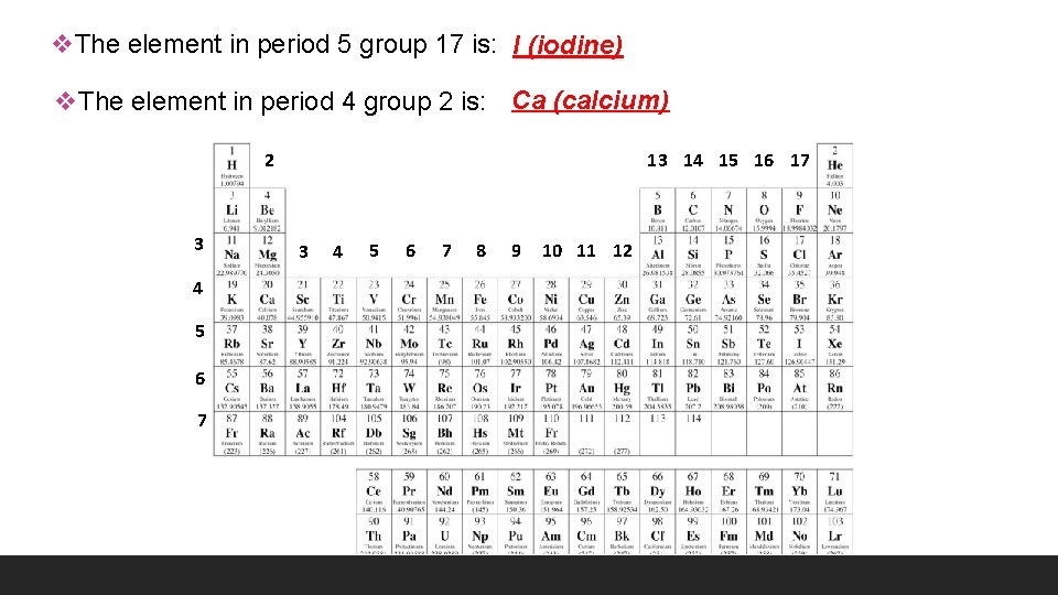 v. The element in period 5 group 17 is: I (iodine) Ca (calcium) v.