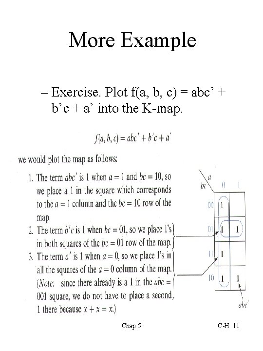 More Example – Exercise. Plot f(a, b, c) = abc’ + b’c + a’