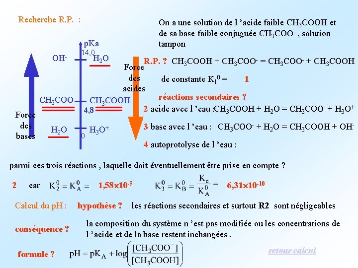 Recherche R. P. : On a une solution de l ’acide faible CH 3