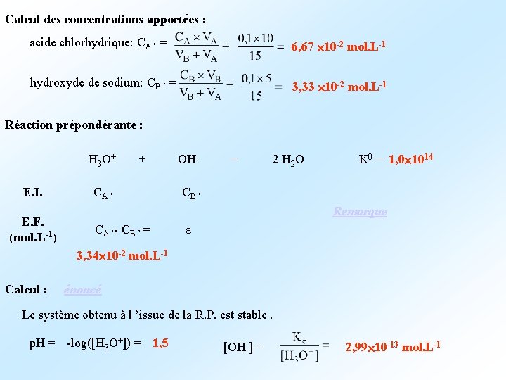 Calcul des concentrations apportées : acide chlorhydrique: CA ’ = 6, 67 10 -2