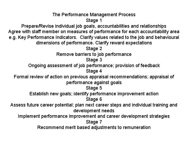 The Performance Management Process Stage 1 Prepare/Revise individual job goals, accountabilities and relationships Agree