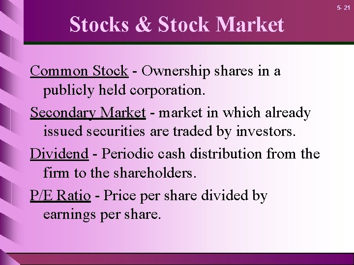 5 - 21 Stocks & Stock Market Common Stock - Ownership shares in a