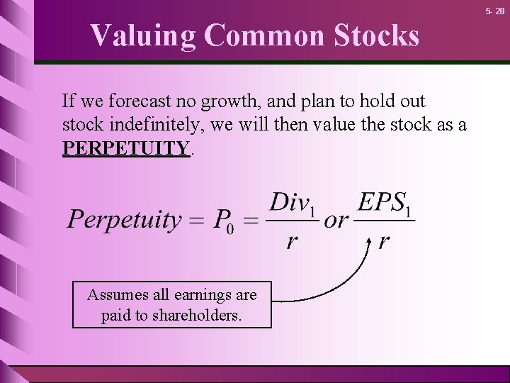 5 - 28 Valuing Common Stocks If we forecast no growth, and plan to