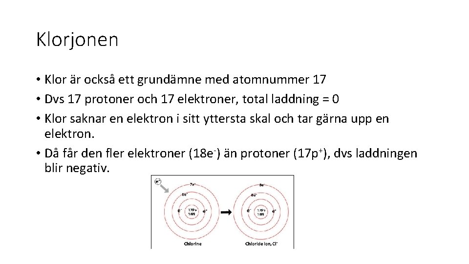 Klorjonen • Klor är också ett grundämne med atomnummer 17 • Dvs 17 protoner