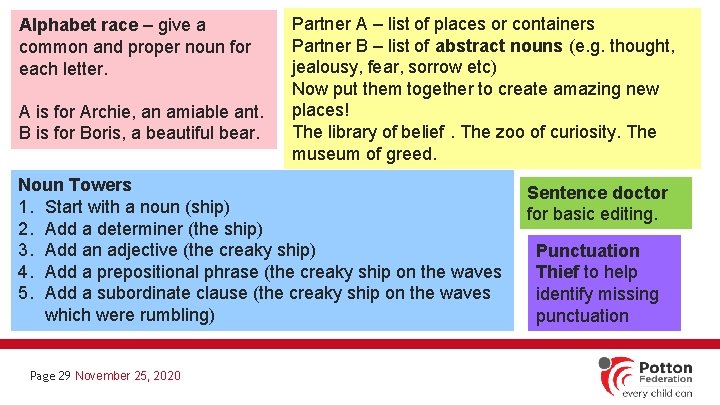 Alphabet race – give a common and proper noun for each letter. A is