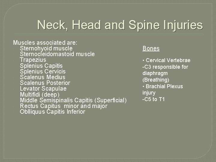 Neck, Head and Spine Injuries Muscles associated are: Sternohyoid muscle Sternocleidomastoid muscle Trapezius Splenius