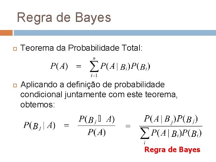 Regra de Bayes Teorema da Probabilidade Total: Aplicando a definição de probabilidade condicional juntamente