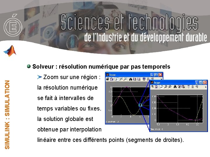 SIMULINK : SIMULATION Solveur : résolution numérique par pas temporels Zoom sur une région