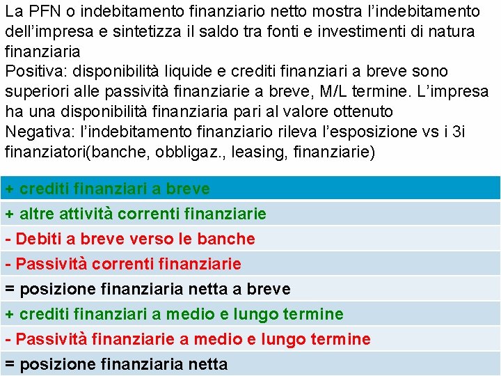 La PFN o indebitamento finanziario netto mostra l’indebitamento dell’impresa e sintetizza il saldo tra