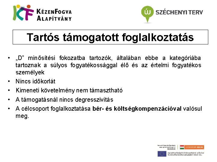 Tartós támogatott foglalkoztatás • „D” minősítési fokozatba tartozók, általában ebbe a kategóriába tartoznak a