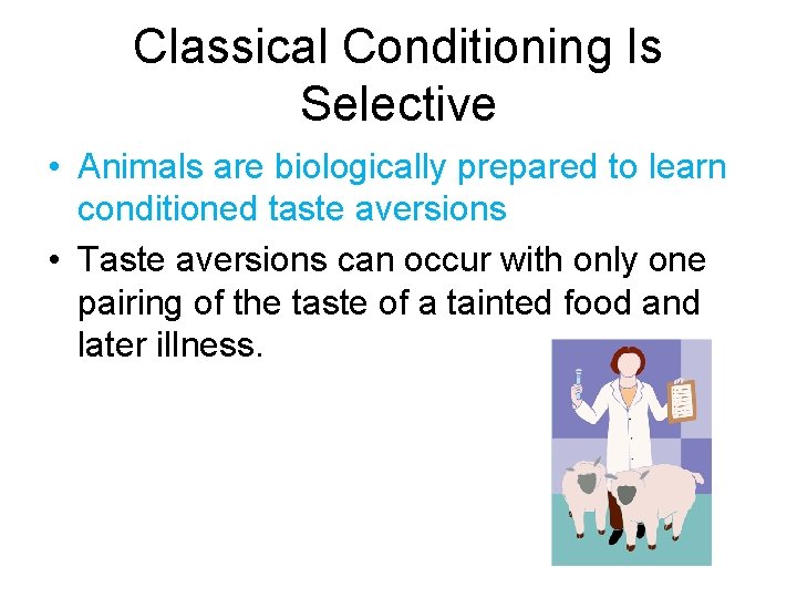 Classical Conditioning Is Selective • Animals are biologically prepared to learn conditioned taste aversions