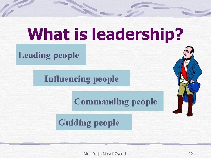 What is leadership? Leading people Influencing people Commanding people Guiding people Mrs. Raj'a Nayef