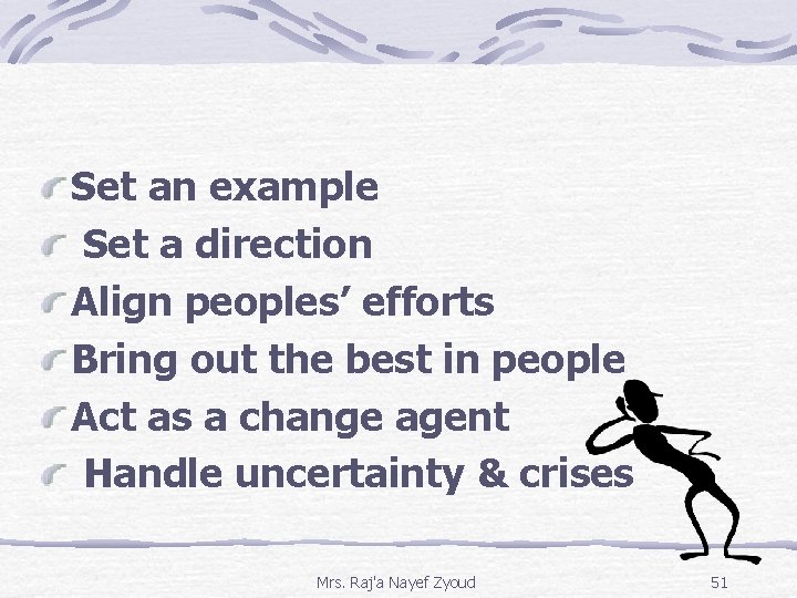 Set an example Set a direction Align peoples’ efforts Bring out the best in