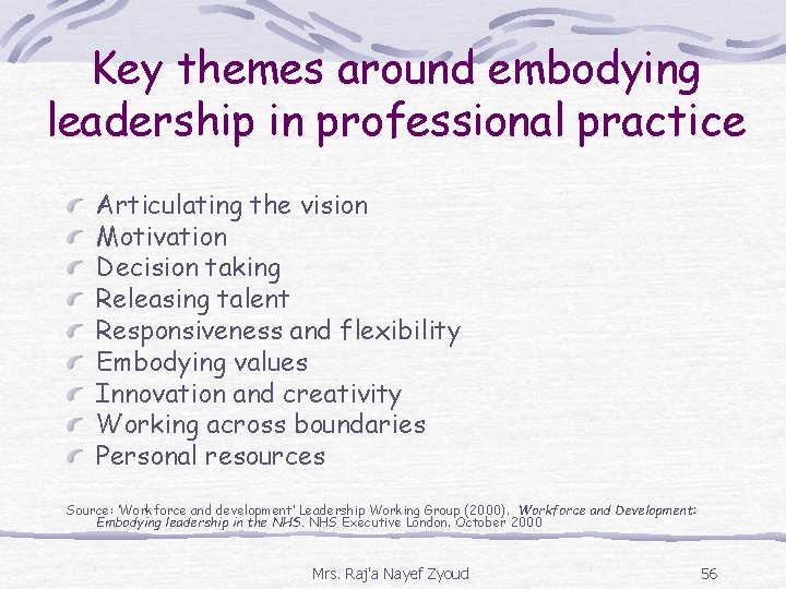 Key themes around embodying leadership in professional practice Articulating the vision Motivation Decision taking