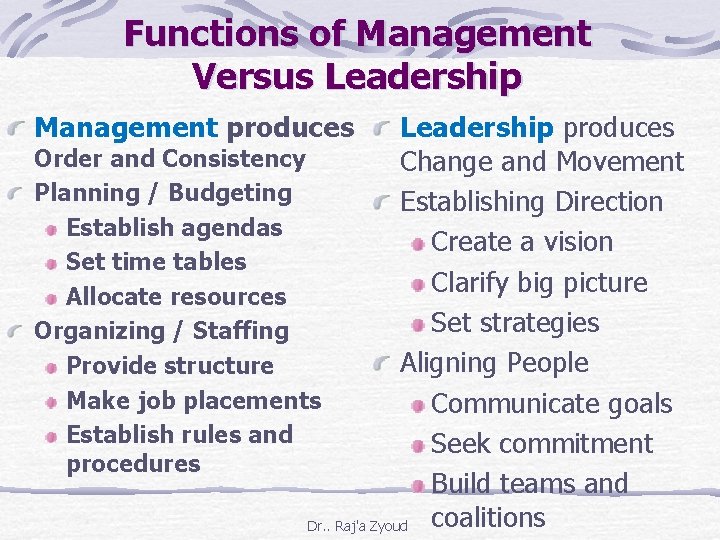 Functions of Management Versus Leadership Management produces Leadership produces Order and Consistency Change and