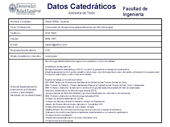 Datos Catedráticos Asesoría de Tesis Nombre Completo: Osbel Núñez Jimenez Título Profesional: Licenciado en