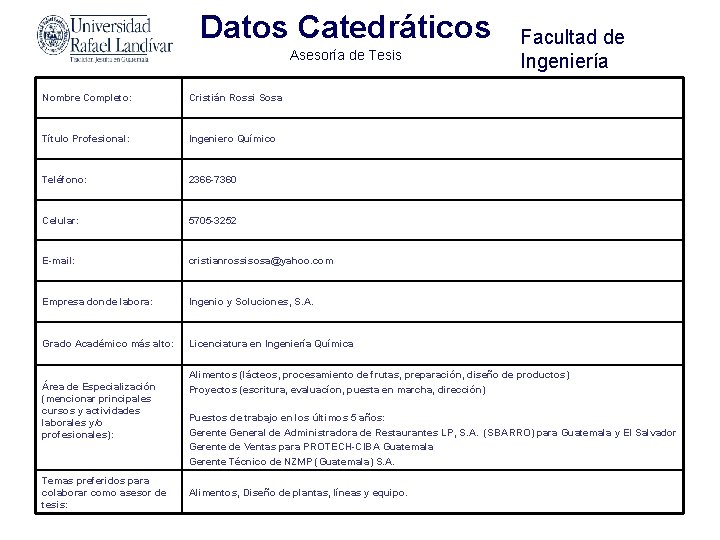 Datos Catedráticos Asesoría de Tesis Nombre Completo: Cristián Rossi Sosa Título Profesional: Ingeniero Químico