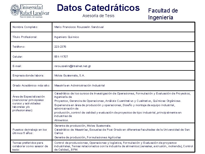 Datos Catedráticos Asesoría de Tesis Nombre Completo: Mario Francisco Rousselin Sandoval Título Profesional: Ingeniero