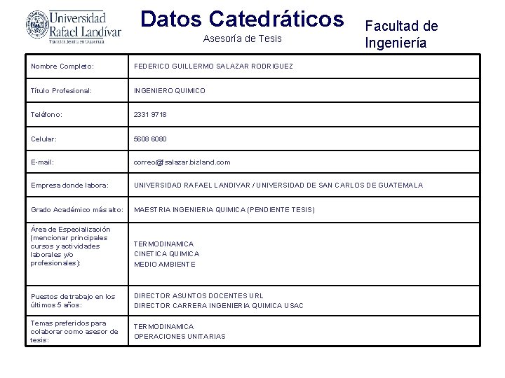 Datos Catedráticos Asesoría de Tesis Facultad de Ingeniería Nombre Completo: FEDERICO GUILLERMO SALAZAR RODRIGUEZ