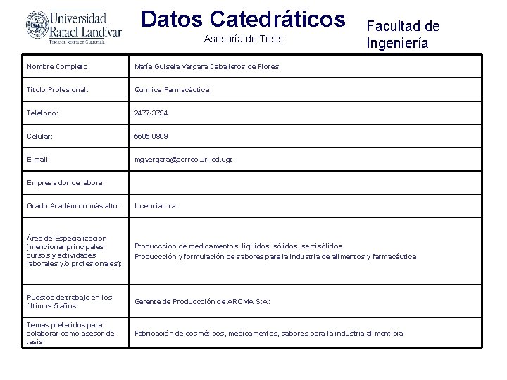 Datos Catedráticos Asesoría de Tesis Nombre Completo: María Guisela Vergara Caballeros de Flores Título