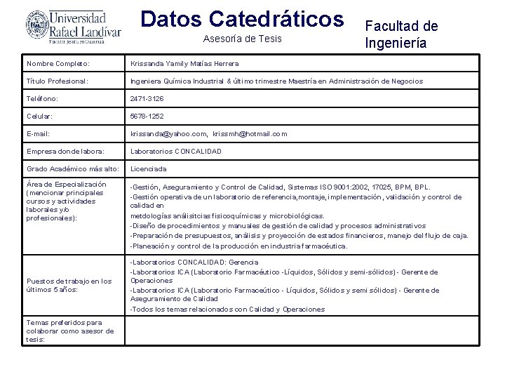 Datos Catedráticos Asesoría de Tesis Facultad de Ingeniería Nombre Completo: Krissanda Yamily Matías Herrera