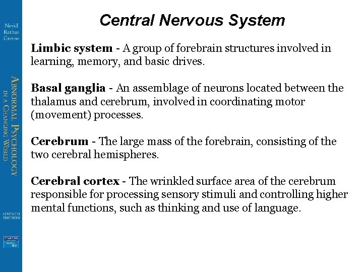 Central Nervous System Limbic system - A group of forebrain structures involved in learning,