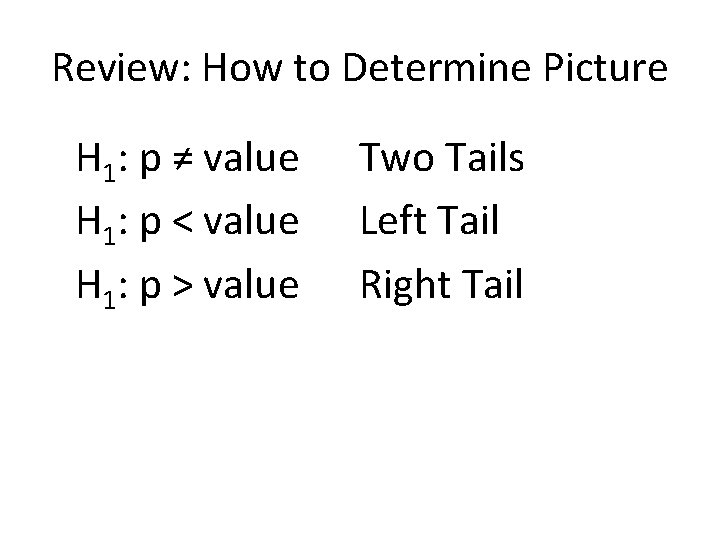 Review: How to Determine Picture H 1: p ≠ value Two Tails H 1: