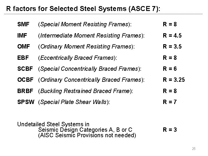 R factors for Selected Steel Systems (ASCE 7): SMF (Special Moment Resisting Frames): R=8 R factors for Selected Steel Systems (ASCE 7): SMF (Special Moment Resisting Frames): R=8
