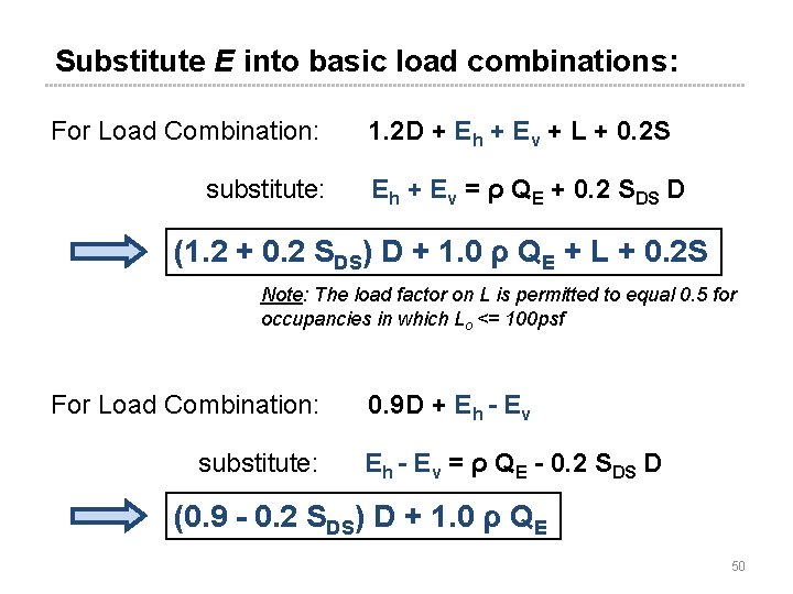 Substitute E into basic load combinations: For Load Combination: substitute: 1. 2 D + Substitute E into basic load combinations: For Load Combination: substitute: 1. 2 D +