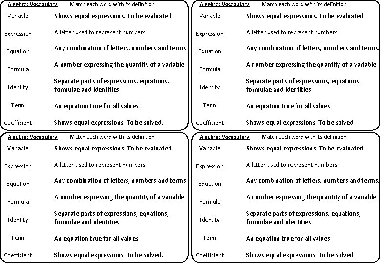 Algebra: Vocabulary Variable Expression Equation Formula Identity Term Coefficient Shows equal expressions. To be