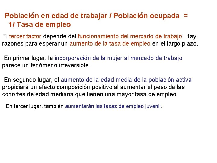 Población en edad de trabajar / Población ocupada = 1/ Tasa de empleo El