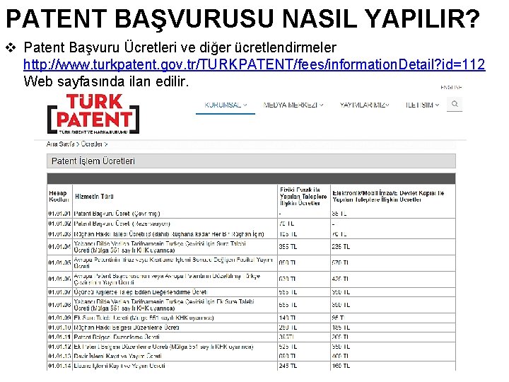 PATENT BAŞVURUSU NASIL YAPILIR? v Patent Başvuru Ücretleri ve diğer ücretlendirmeler http: //www. turkpatent.