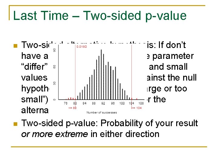 Last Time – Two-sided p-value n n Two-sided alternative hypothesis: If don’t have a