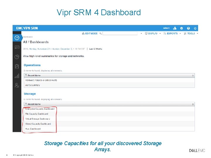 Vipr SRM 4 Dashboard Storage Capacities for all your discovered Storage Arrays. 8 ©