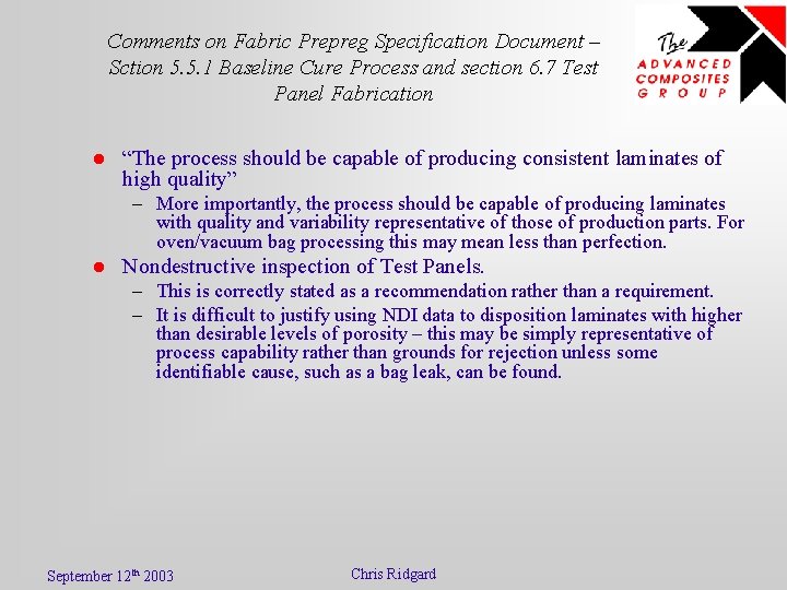 Comments on Fabric Prepreg Specification Document – Sction 5. 5. 1 Baseline Cure Process