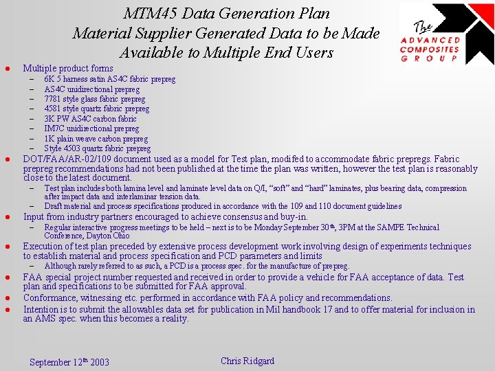 MTM 45 Data Generation Plan Material Supplier Generated Data to be Made Available to