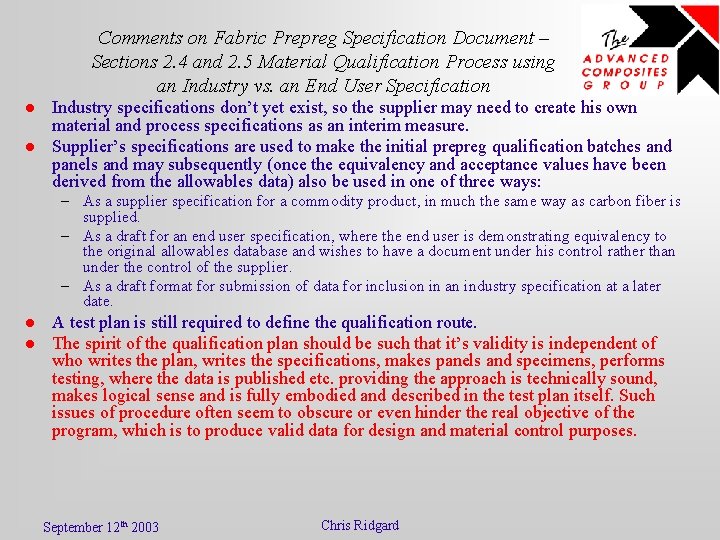 Comments on Fabric Prepreg Specification Document – Sections 2. 4 and 2. 5 Material