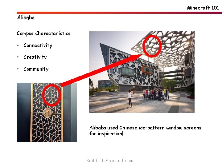 Minecraft 101 Campus Characteristics • Connectivity • Creativity • Community Alibaba used Chinese ice-pattern