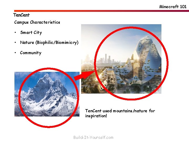 Minecraft 101 Campus Characteristics • Smart City • Nature (Biophilic/Biomimicry) • Community Ten. Cent