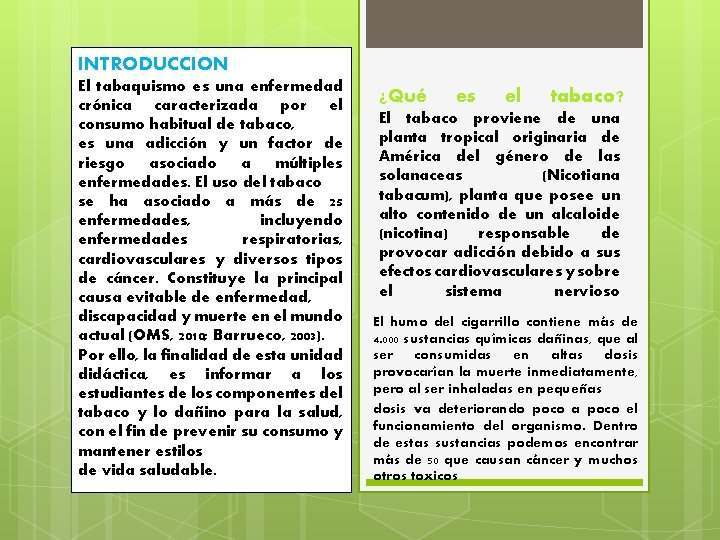 INTRODUCCION El tabaquismo es una enfermedad crónica caracterizada por el consumo habitual de tabaco,