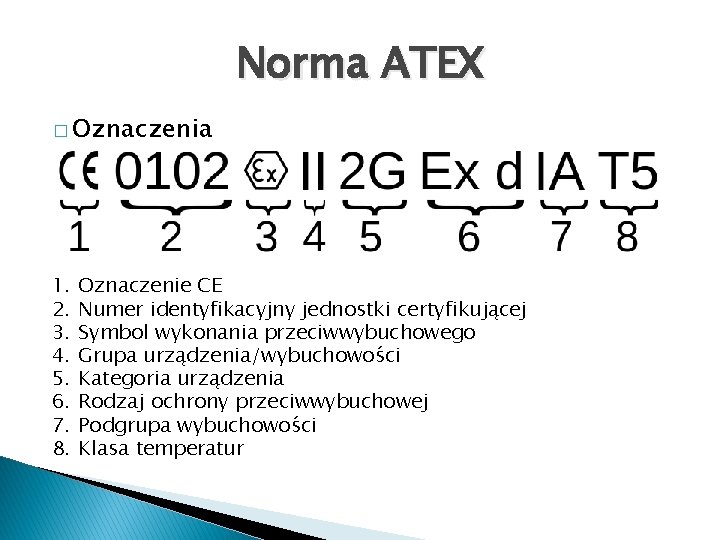 Norma ATEX � Oznaczenia 1. 2. 3. 4. 5. 6. 7. 8. Oznaczenie CE