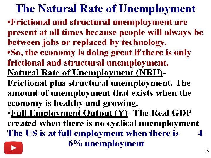 The Natural Rate of Unemployment • Frictional and structural unemployment are present at all