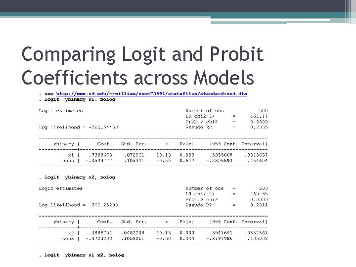 Comparing Logit and Probit Coefficients across Models 