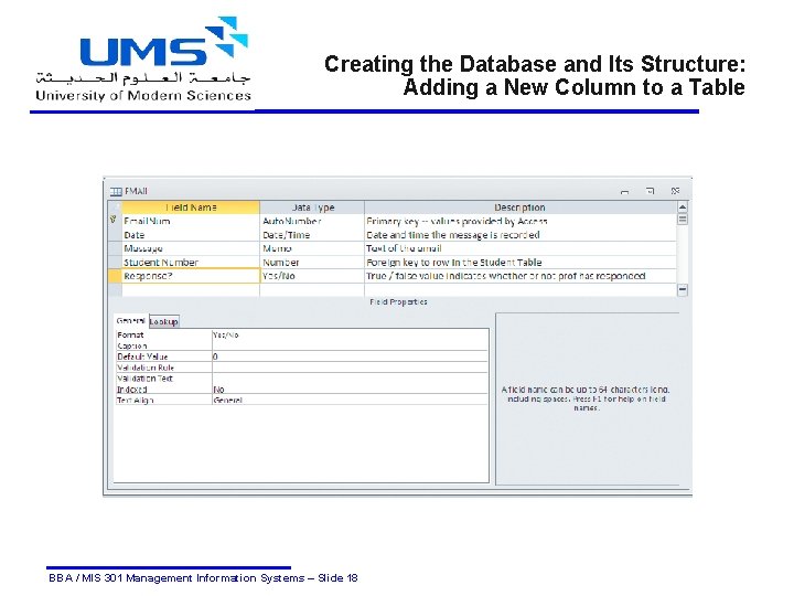 Creating the Database and Its Structure: Adding a New Column to a Table BBA