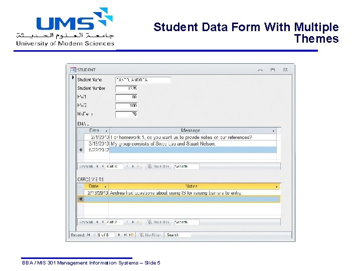 Student Data Form With Multiple Themes BBA / MIS 301 Management Information Systems –