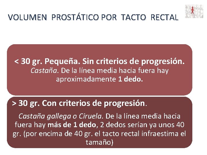 VOLUMEN PROSTÁTICO POR TACTO RECTAL < 30 gr. Pequeña. Sin criterios de progresión. Castaña.